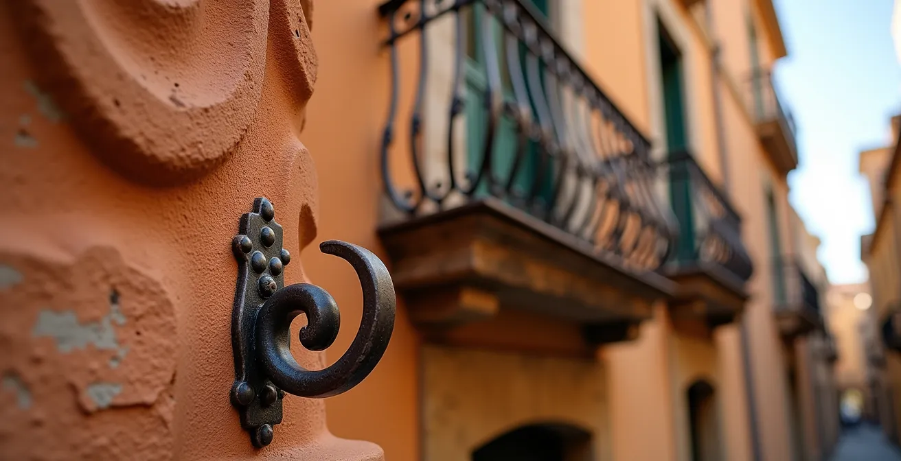 Détail architectural d'une façade catalane avec ferronnerie traditionnelle du centre historique de Perpignan