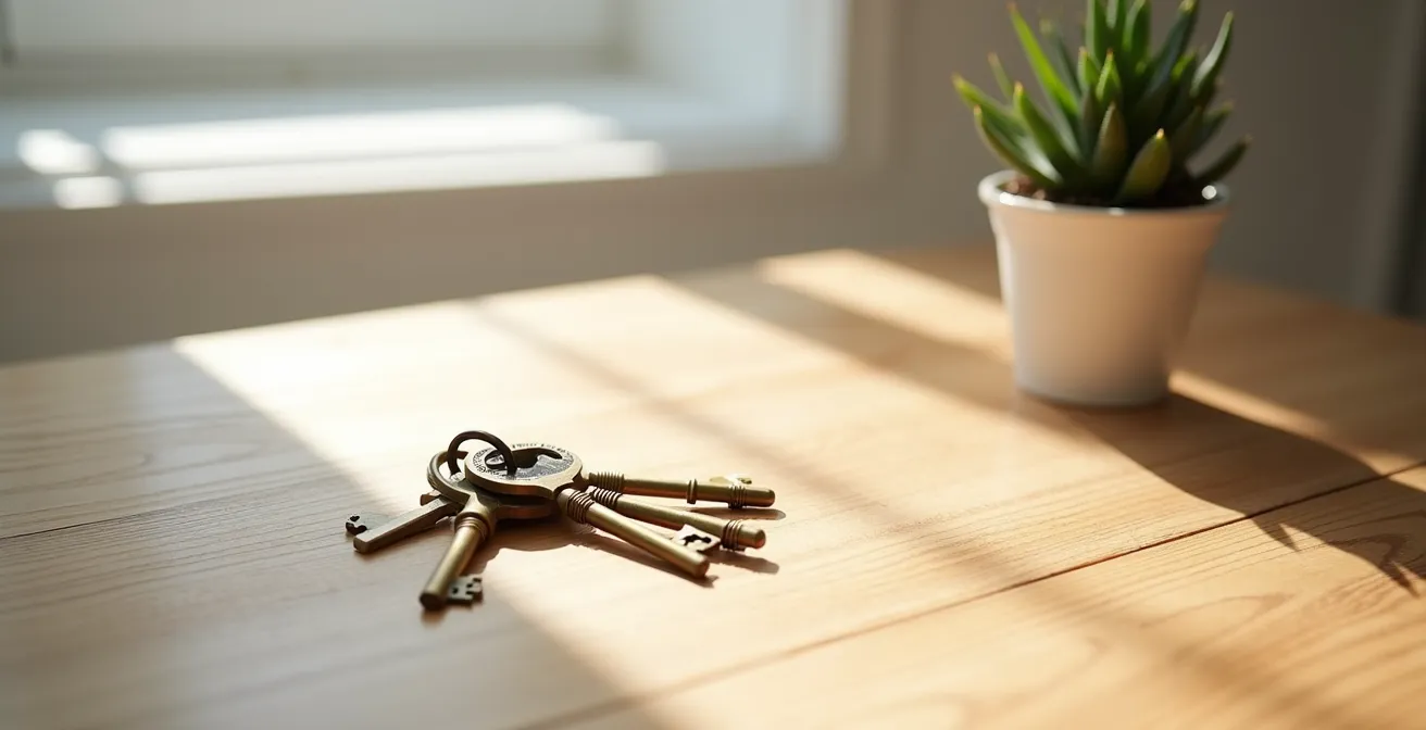 Trousseau de clés posé sur une table en bois avec lumière naturelle symbolisant la préparation finale