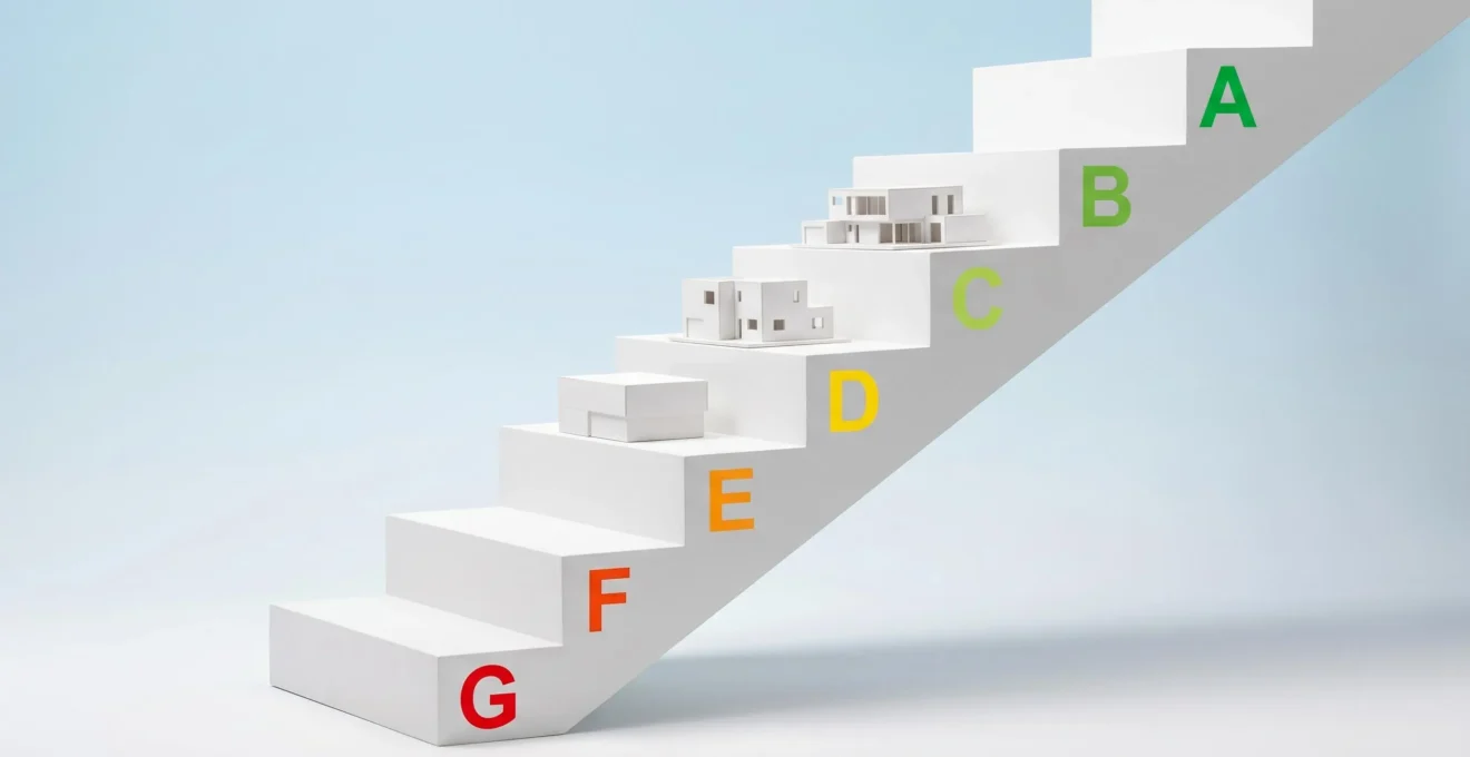 Escalier blanc moderne portant les sept classes énergétiques de G à A en couleurs dégradées, avec trois maquettes de maisons blanches posées sur les marches E, D et C symbolisant la progression