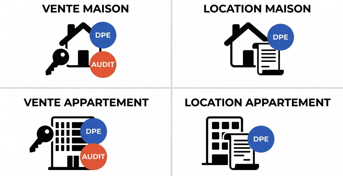 Grille comparative illustrant les obligations de diagnostic DPE et audit énergétique selon quatre situations : vente de maison, location de maison, vente d'appartement, location d'appartement