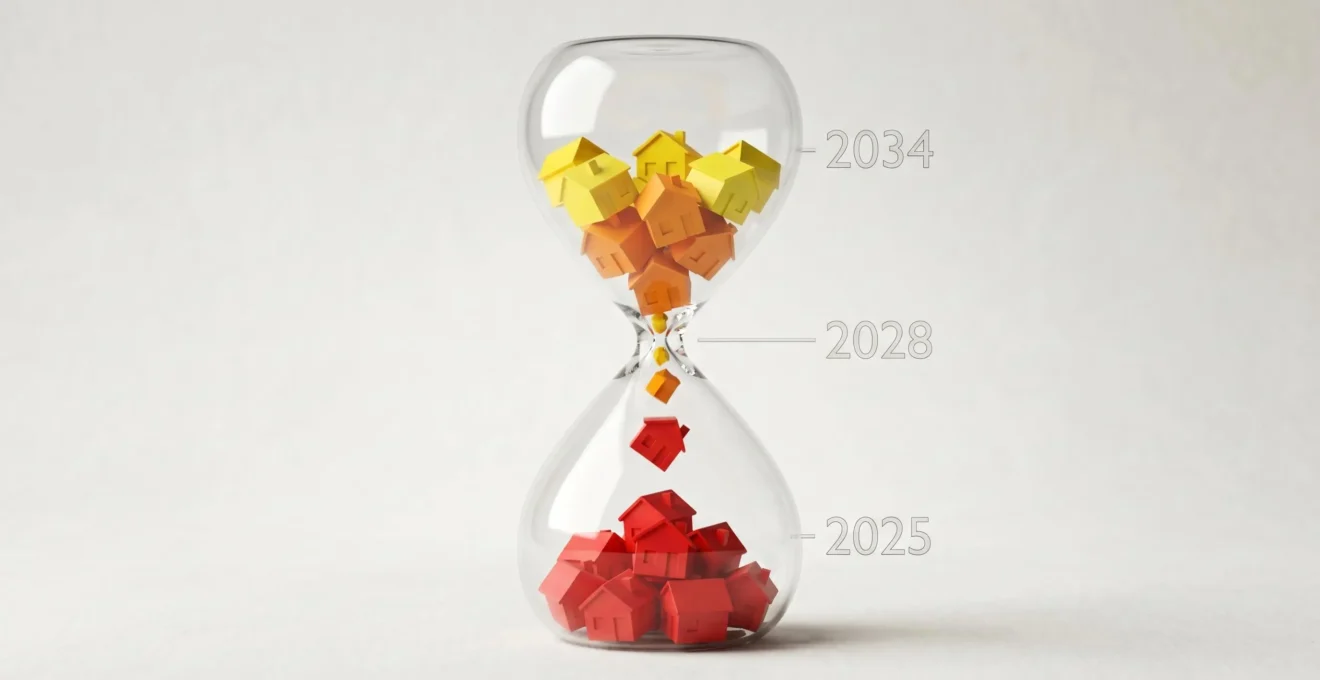 Illustration 3D d'un sablier dont le sable figurant des maisons miniatures s'écoule à travers trois niveaux marqués par les étiquettes énergétiques G, F et E avec les années 2025, 2028 et 2034