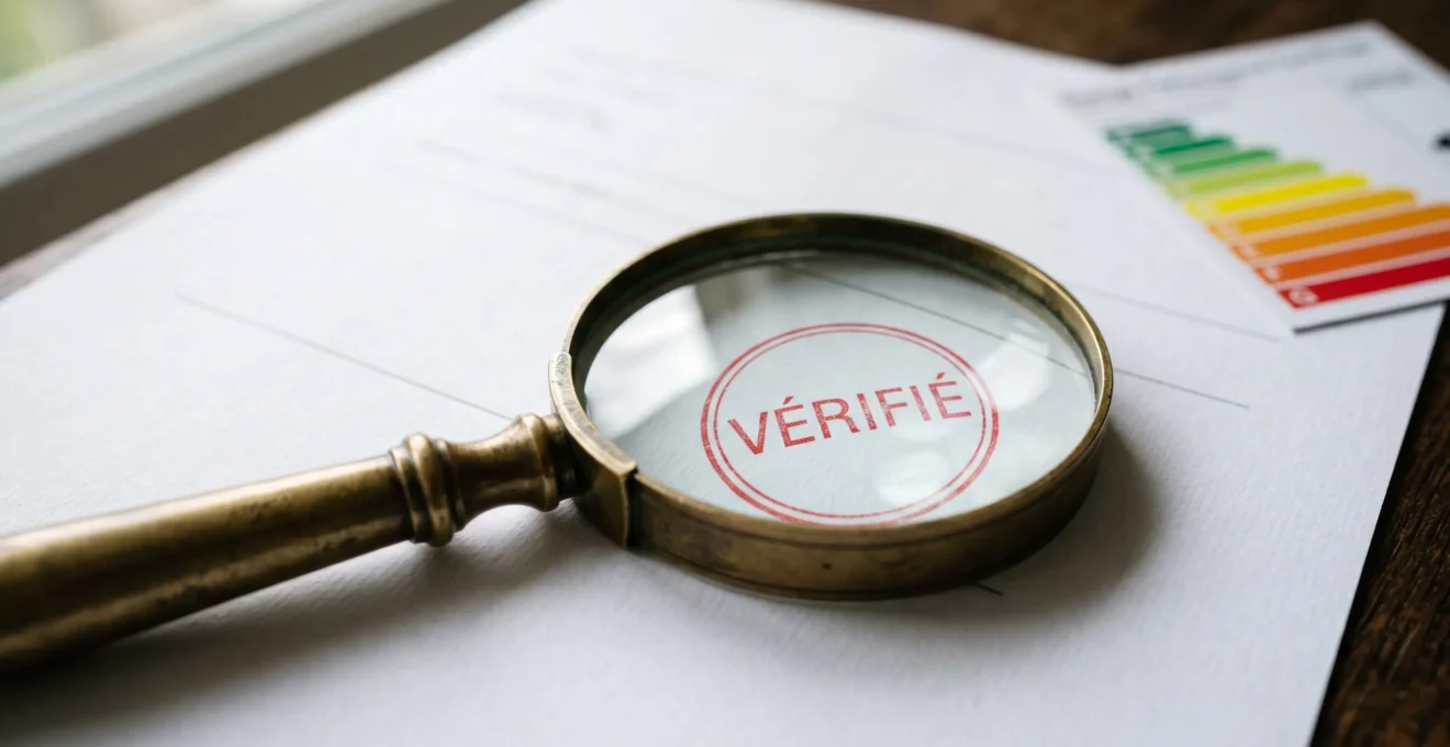 Loupe en laiton doré posée sur un document blanc faisant apparaître nettement un tampon rouge portant la mention VÉRIFIÉ, avec une étiquette énergétique floue en arrière-plan